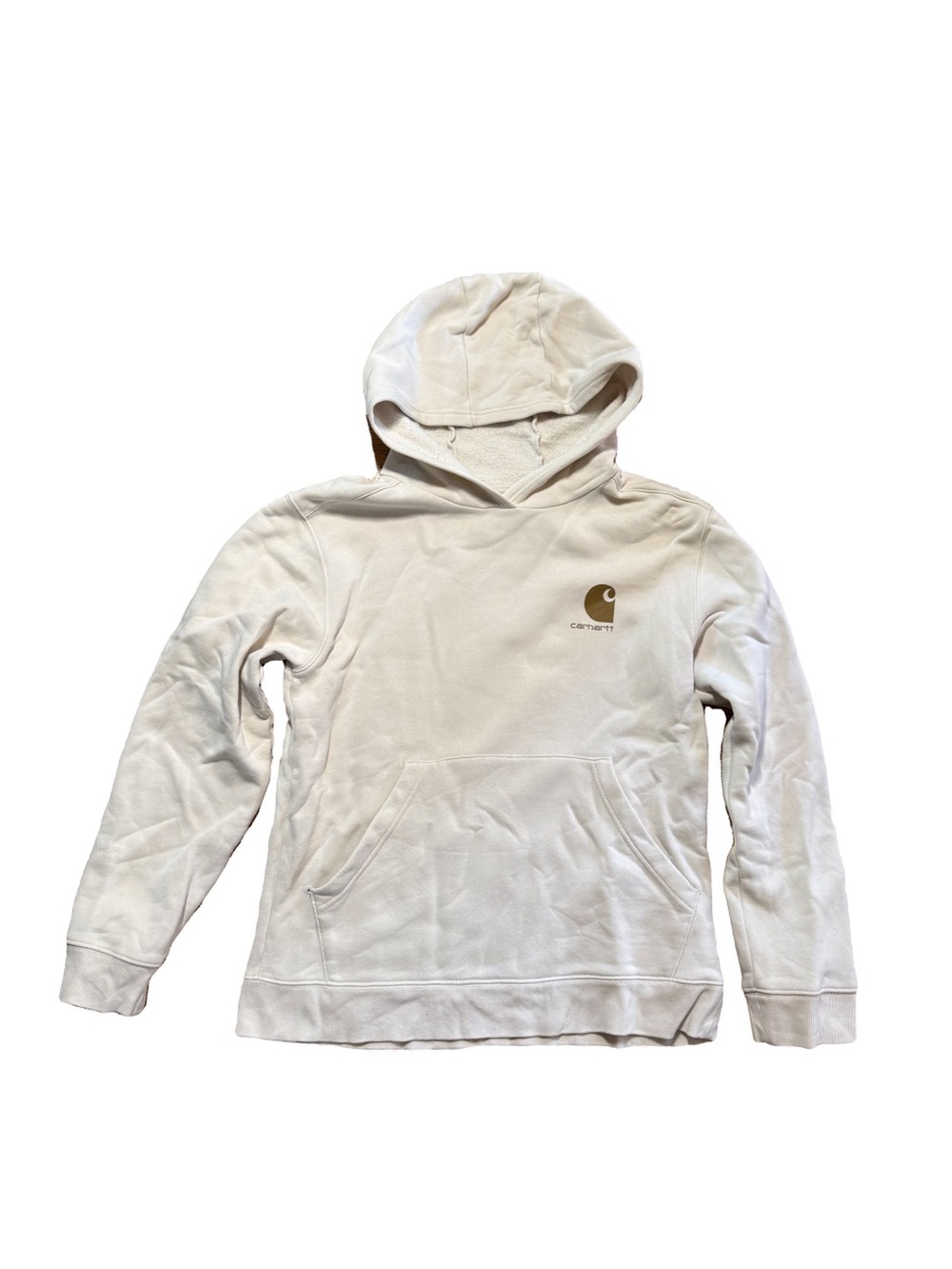 Carhartt Cream Hooded Pullover Sweatshirt with Brown Sleeve Logo Youth L (14/16)